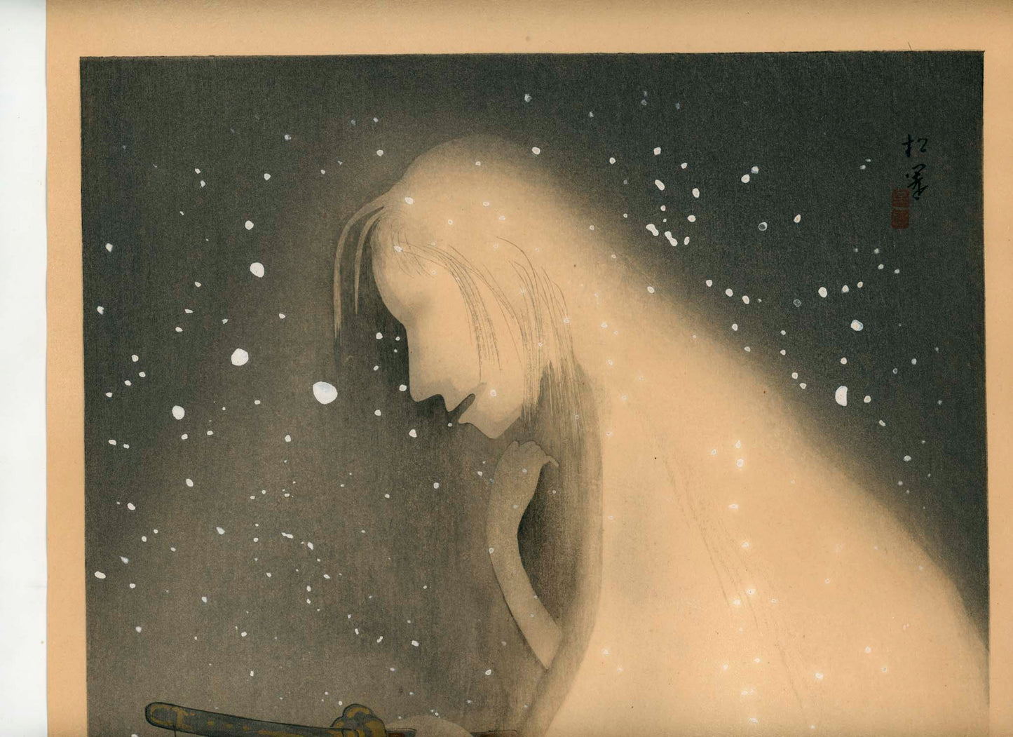 Uemura Shōen 上村松園 (1875–1949) 「雪女五枚羽子板」Yuki Onna Gomai Hagoita from 大近松全集付録 Dai Chikamatsu Zenshū furoku (Supplements of the Complete Works of Chikamatsu) Taishō 11–12 (1922–1923), woodblock print, ōban tate-e