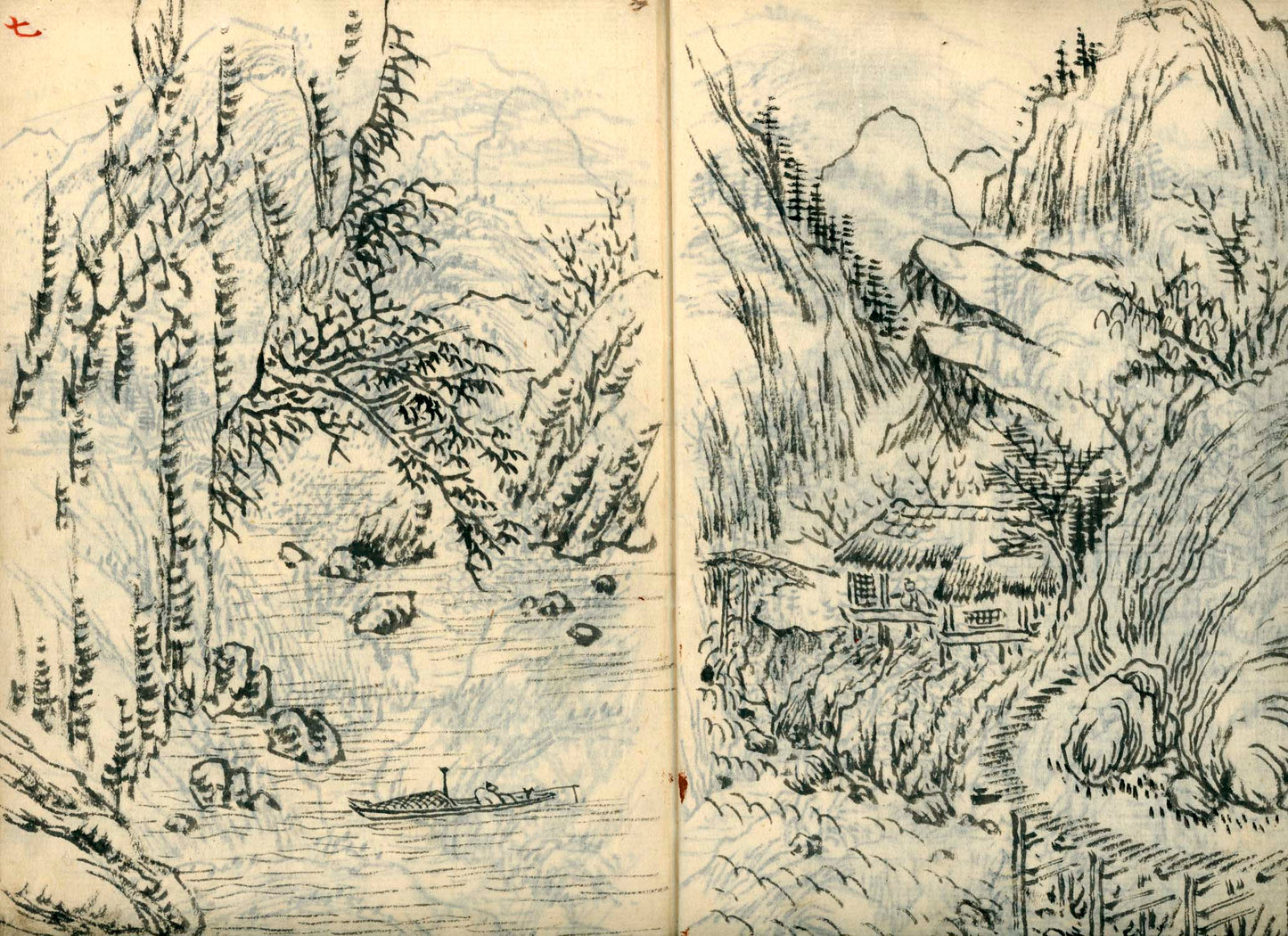 竹窓寂士圖案 / 山水六十圖 / 彼法画譜 / 2 volumes of superb brushwork / handpainted/
