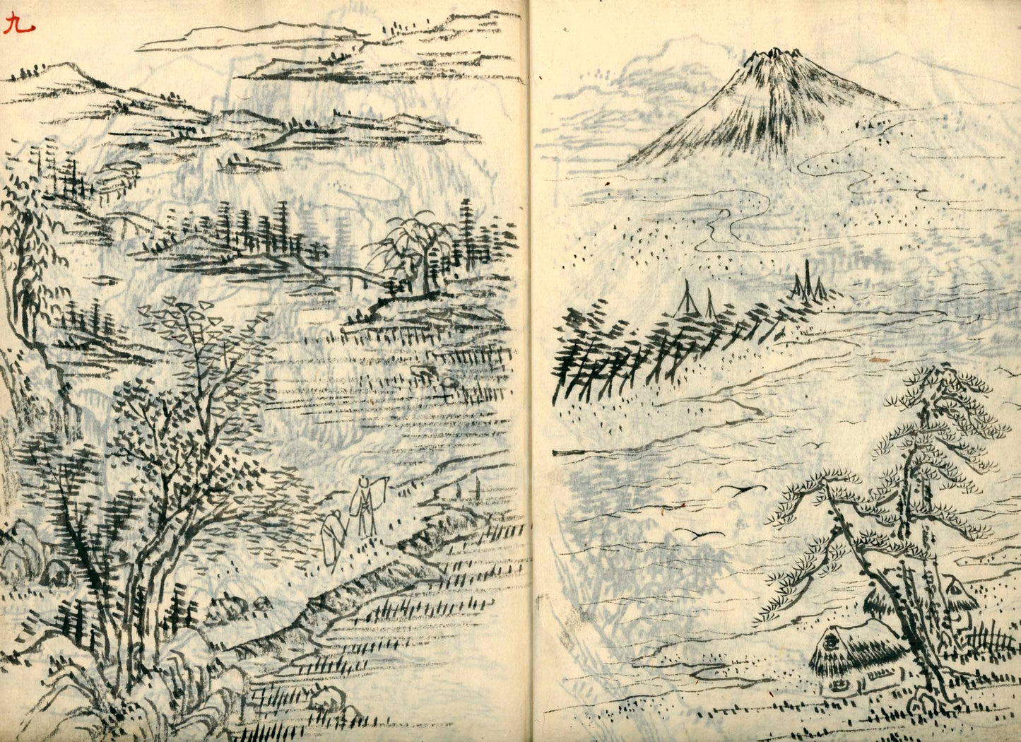 竹窓寂士圖案 / 山水六十圖 / 彼法画譜 / 2 volumes of superb brushwork / handpainted/