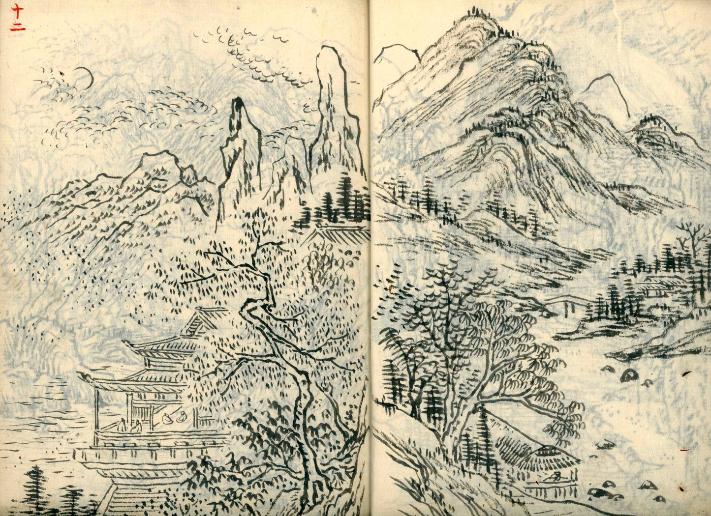 竹窓寂士圖案 / 山水六十圖 / 彼法画譜 / 2 volumes of superb brushwork / handpainted/