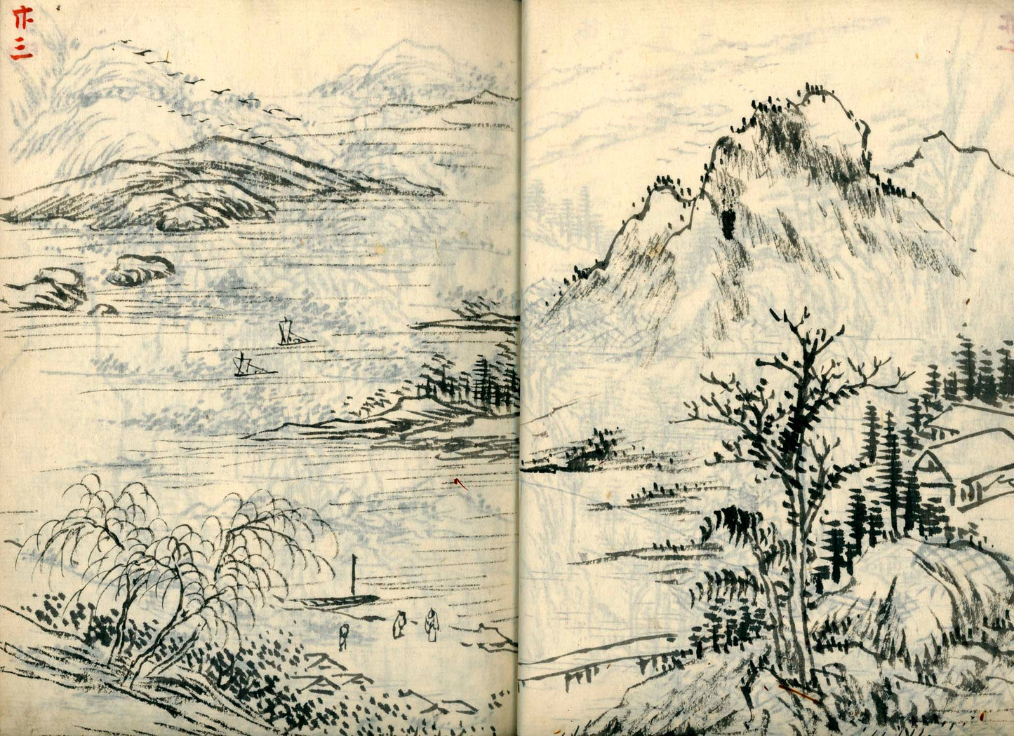 竹窓寂士圖案 / 山水六十圖 / 彼法画譜 / 2 volumes of superb brushwork / handpainted/