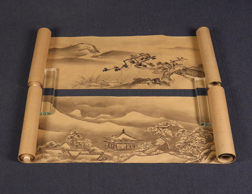 2 scrolls of landscapes, Kano school, box