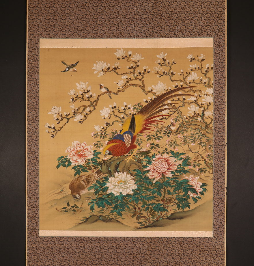 Long kakejiku scroll, unsigned, birds & flowers