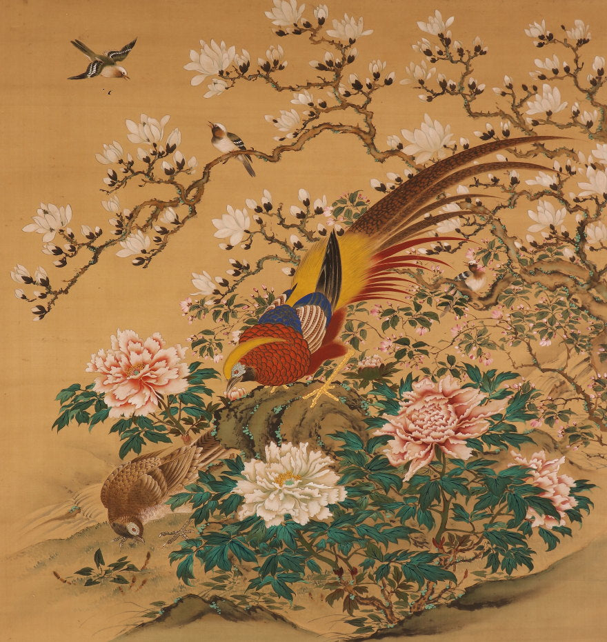 Long kakejiku scroll, unsigned, birds & flowers