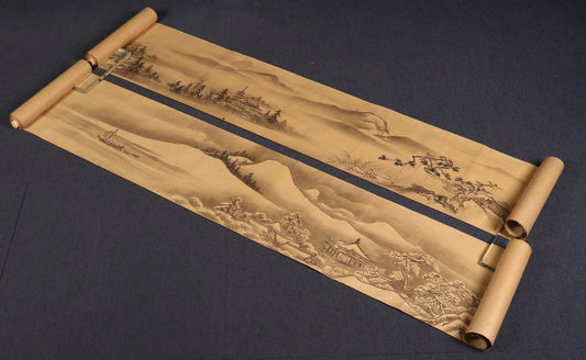 2 scrolls of landscapes, Kano school, box