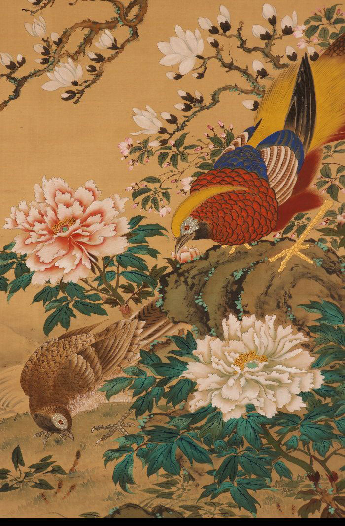 Long kakejiku scroll, unsigned, birds & flowers