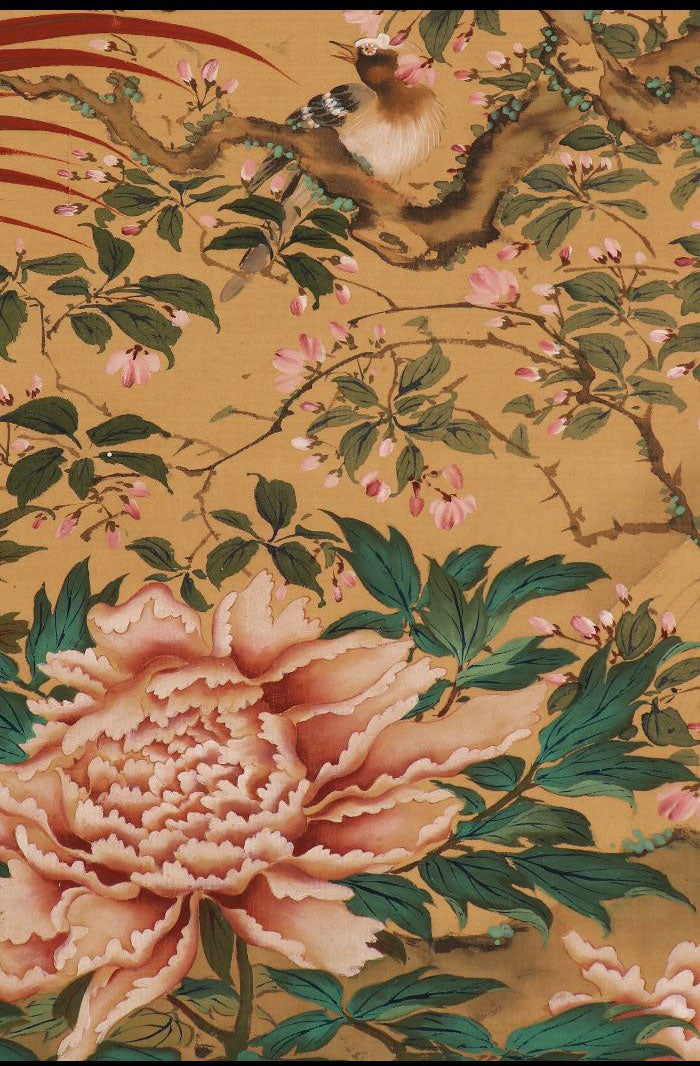 Long kakejiku scroll, unsigned, birds & flowers