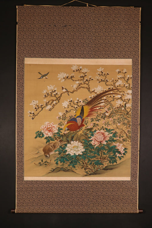 Long kakejiku scroll, unsigned, birds & flowers