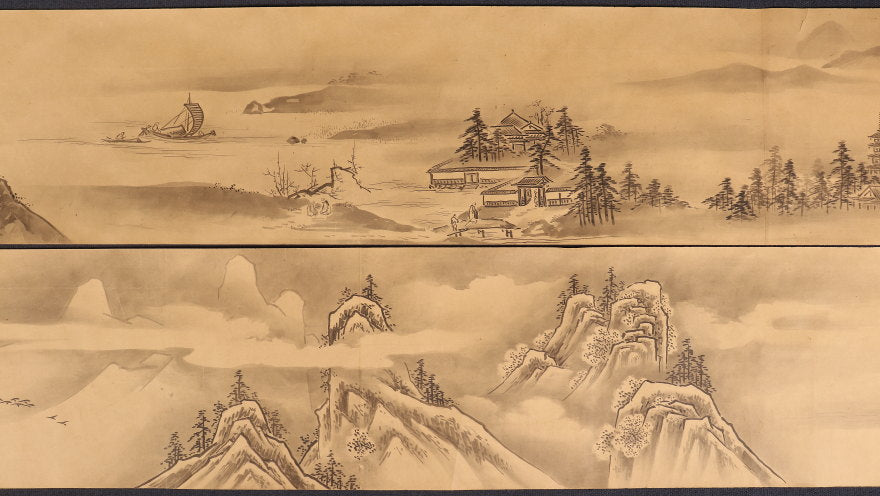 2 scrolls of landscapes, Kano school, box