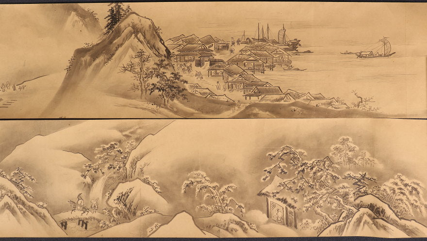 2 scrolls of landscapes, Kano school, box