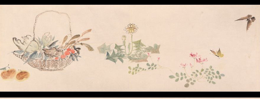 Unknown scroll, brushwork seems chinese, 22 x 590 cm, flowers & birds, ca. 1800