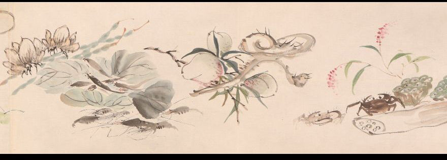 Unknown scroll, brushwork seems chinese, 22 x 590 cm, flowers & birds, ca. 1800