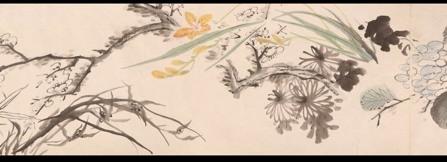 Unknown scroll, brushwork seems chinese, 22 x 590 cm, flowers & birds, ca. 1800