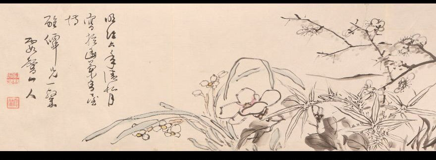 Unknown scroll, brushwork seems chinese, 22 x 590 cm, flowers & birds, ca. 1800