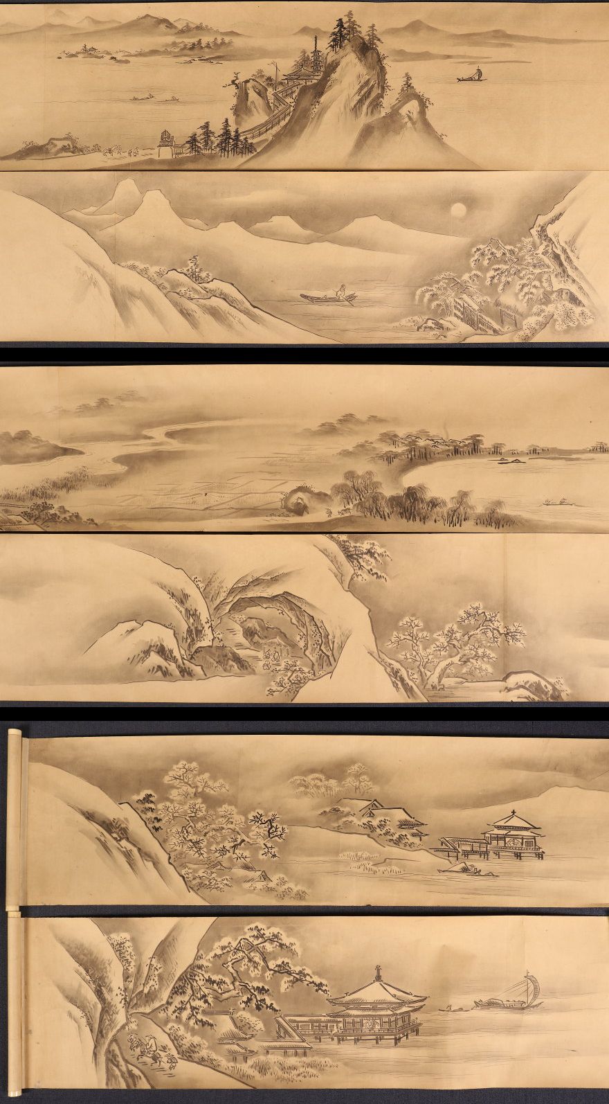 2 scrolls of landscapes, Kano school, box