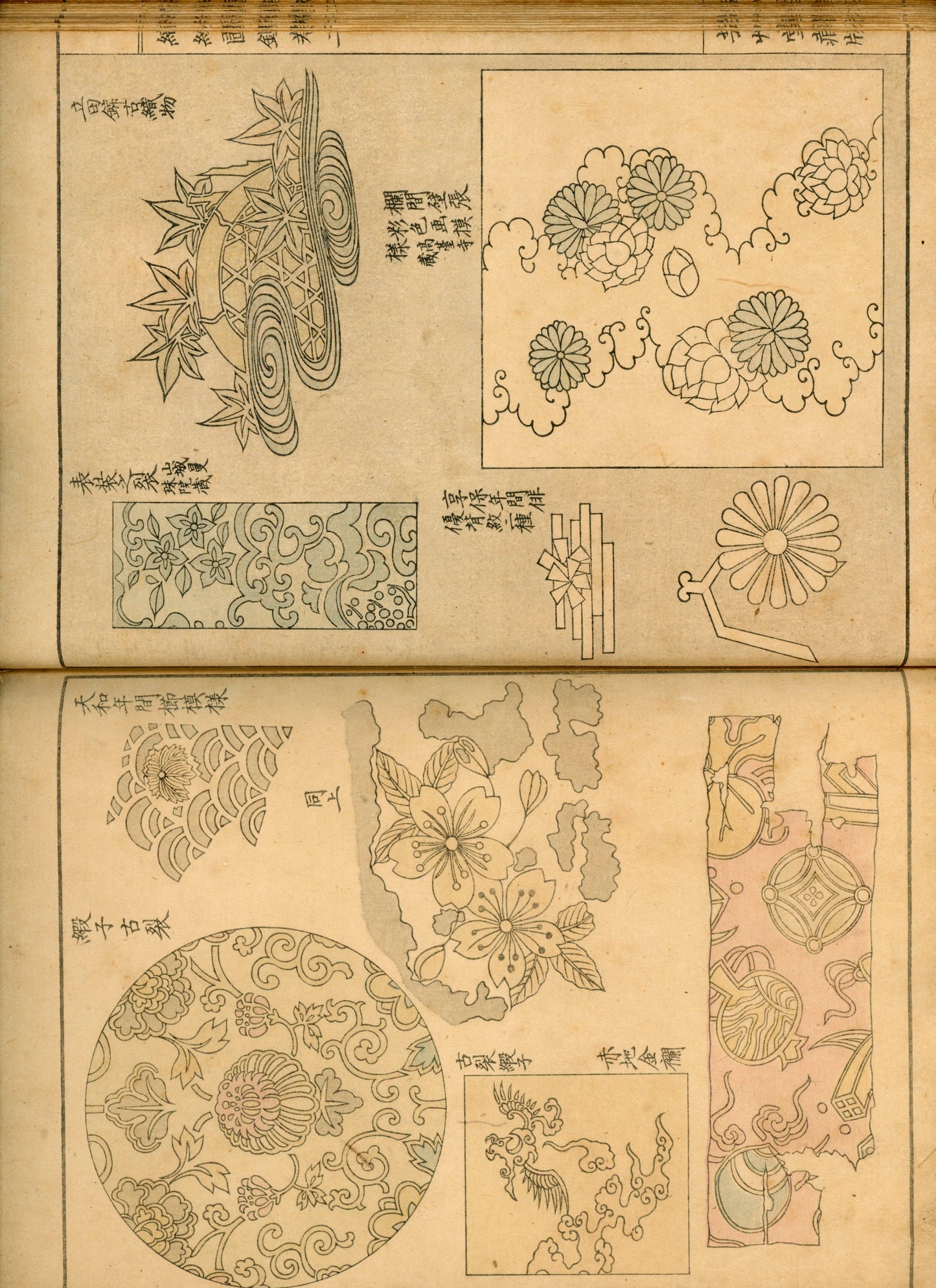 "Shokumon zukan" 織紋図鑑 (Illustrated encyclopedia of weaving crests) voll 1, 2 and 4, 1902