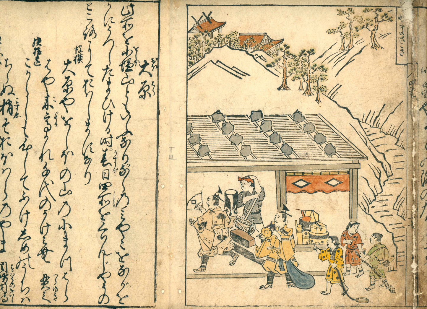 Nakagawa Kiun's Kyō Warabe (京童) Guide to famous places in Kyoto, vol. 4, Meireiki 4, 明暦4 [1658] in emakimono form, colored version