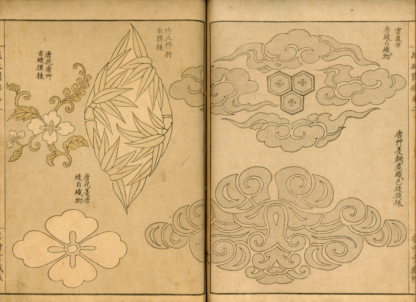 "Shokumon zukan" 織紋図鑑 (Illustrated encyclopedia of weaving crests) voll 1, 2 and 4, 1902