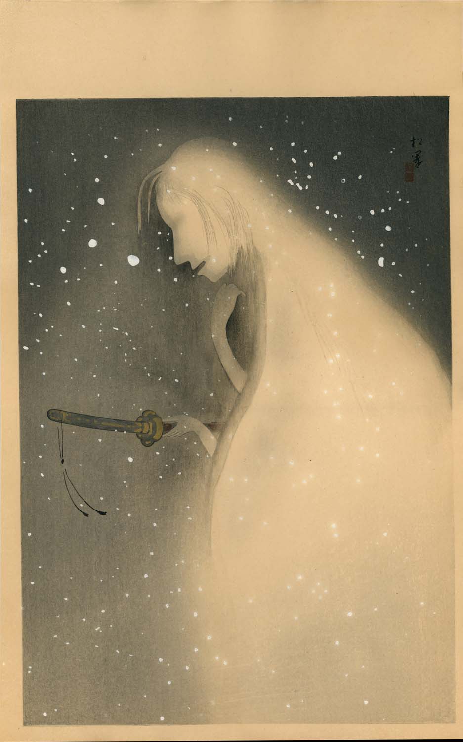 Uemura Shōen 上村松園 (1875–1949) 「雪女五枚羽子板」Yuki Onna Gomai Hagoita from 大近松全集付録 Dai Chikamatsu Zenshū furoku (Supplements of the Complete Works of Chikamatsu) Taishō 11–12 (1922–1923), woodblock print, ōban tate-e