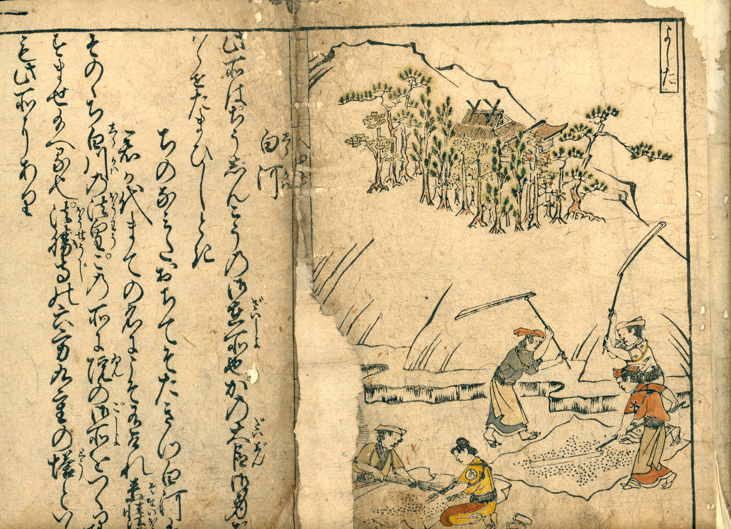 Nakagawa Kiun's Kyō Warabe (京童) Guide to famous places in Kyoto, vol. 4, Meireiki 4, 明暦4 [1658] in emakimono form, colored version