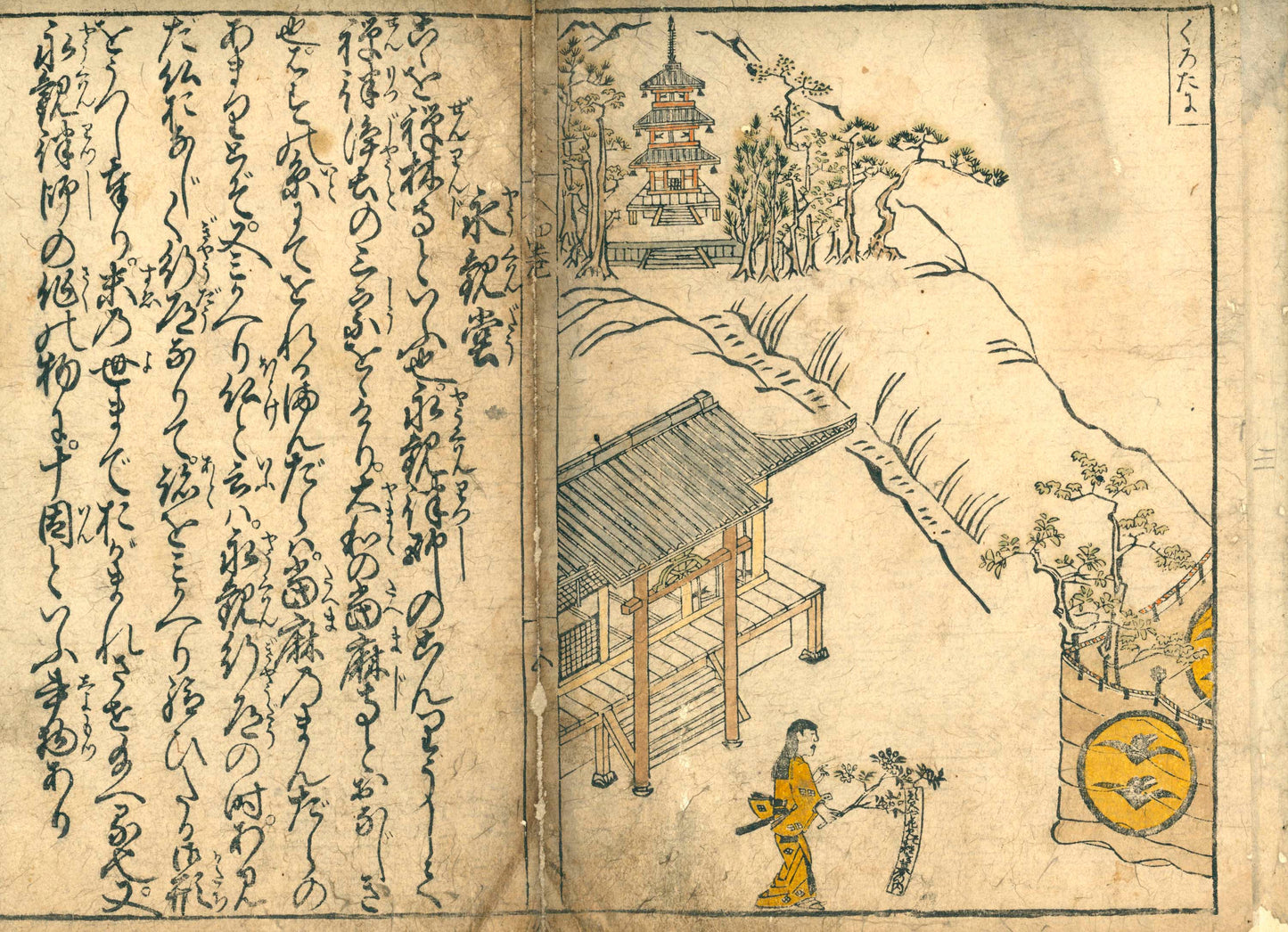 Nakagawa Kiun's Kyō Warabe (京童) Guide to famous places in Kyoto, vol. 4, Meireiki 4, 明暦4 [1658] in emakimono form, colored version