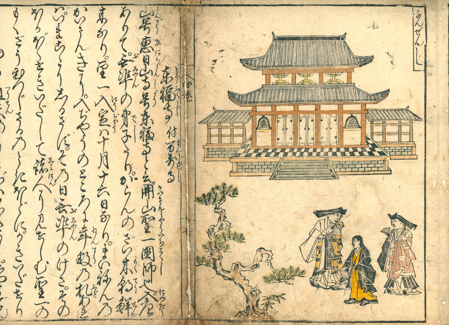 Nakagawa Kiun's Kyō Warabe (京童) Guide to famous places in Kyoto, vol. 4, Meireiki 4, 明暦4 [1658] in emakimono form, colored version