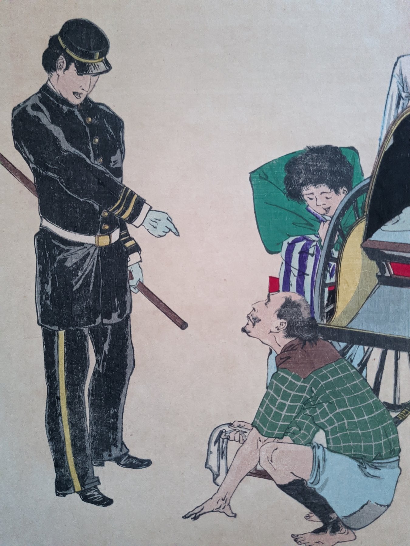 Nishiki-e shūshindan  錦絵修身談  (Brocade Pictures for Moral Education)  車夫親を愛して巡査の恵を得 - Loving my rickshaw parent and receiving the blessings of the police officer / 稲野年恒 Inano Toshitsune / 富永年親 Tominaga Toshichika