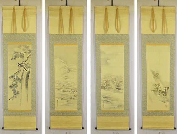 Kida Kadō 喜田華堂 1802–1879 / a 4-set scrolls, ink on silk, kacho-ga (flowers & birds), ca. 1860