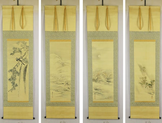 Kida Kadō 喜田華堂 1802–1879 / a 4-set scrolls, ink on silk, kacho-ga (flowers & birds), ca. 1860