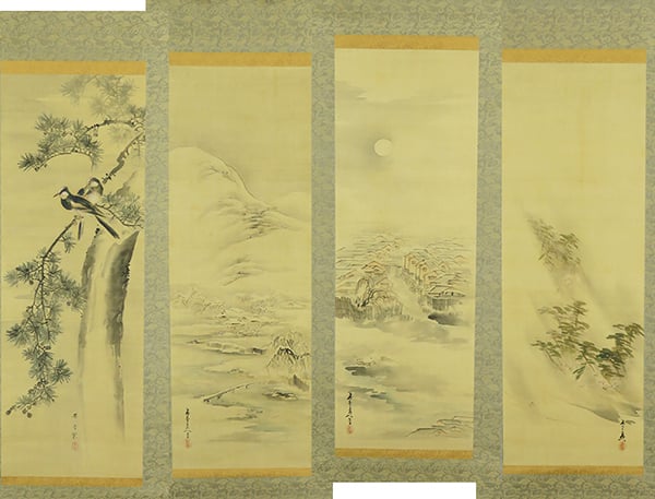 Kida Kadō 喜田華堂 1802–1879 / a 4-set scrolls, ink on silk, kacho-ga (flowers & birds), ca. 1860
